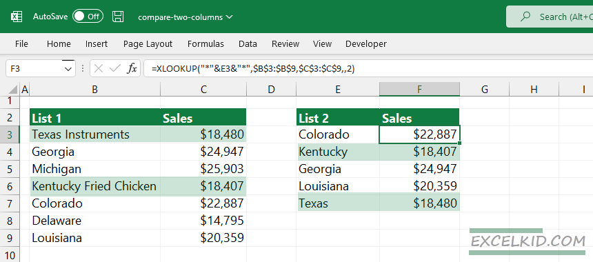 Find a partial match using xlookup