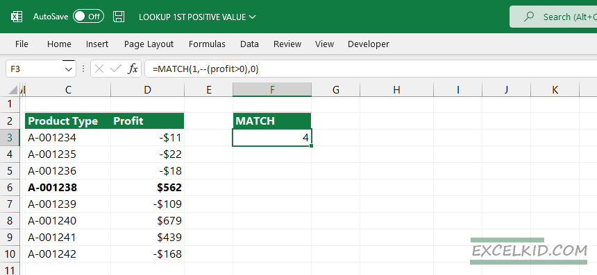 MATCH formula to get the position