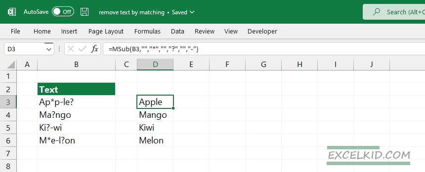 MSUB function to replace multiple characters from a string