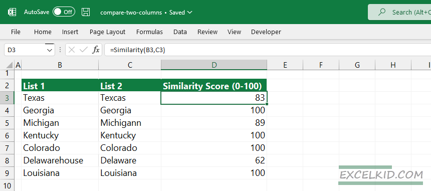 compare two columns and calculate similarity