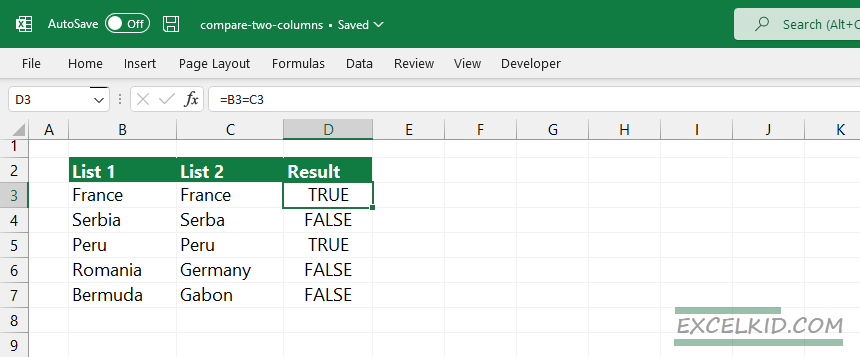 compare two columns in excel using the equal sign