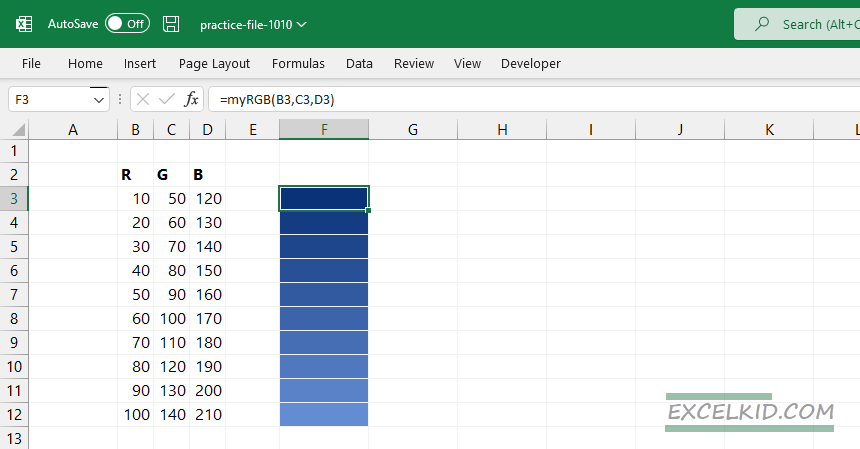 create RGB color scale in Excel cell