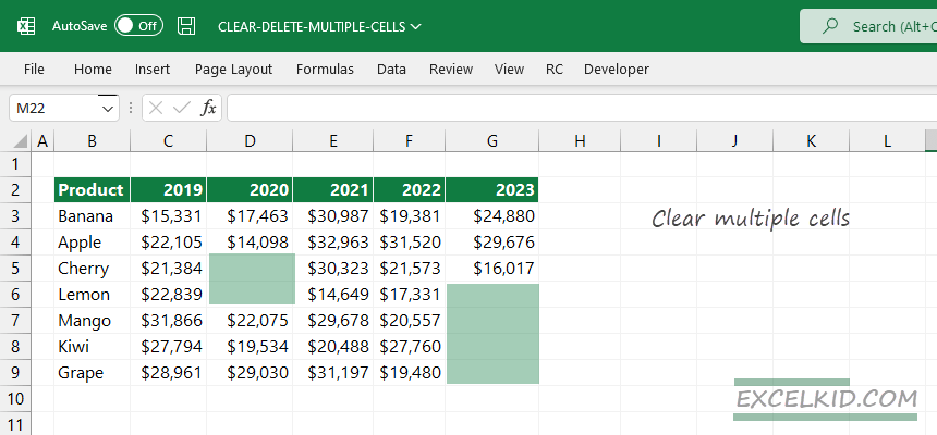 how to clear multiple cells in Excel