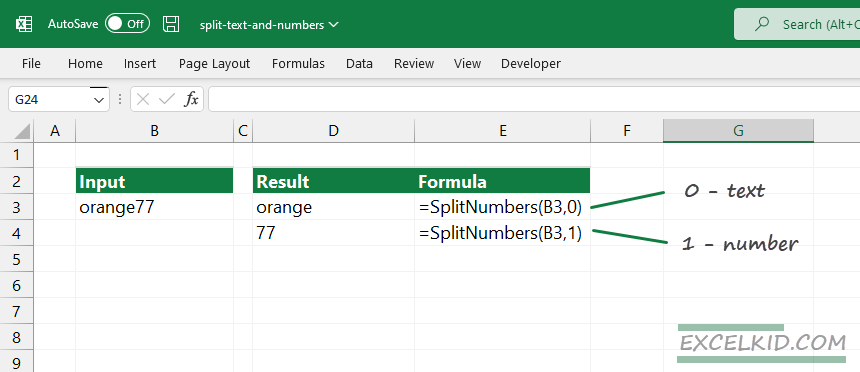 how to use the SplitNumbers function in Excel to split the text and numeric parts of a string