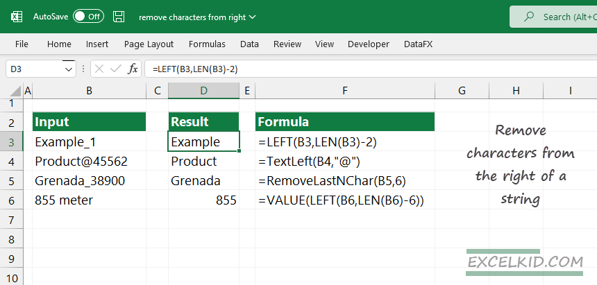 remove characters from right in Excel