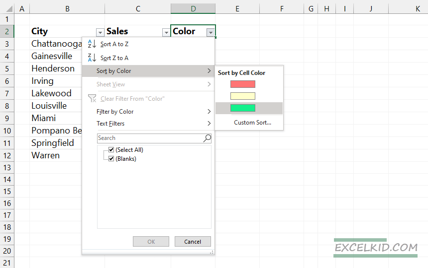 select sort by cell color