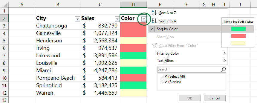 sort by color using filter