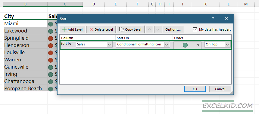 sort using conditional formatting icons