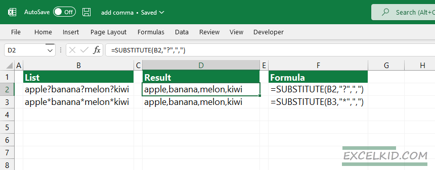 use the SUBSTITUTE function to add comma in Excel