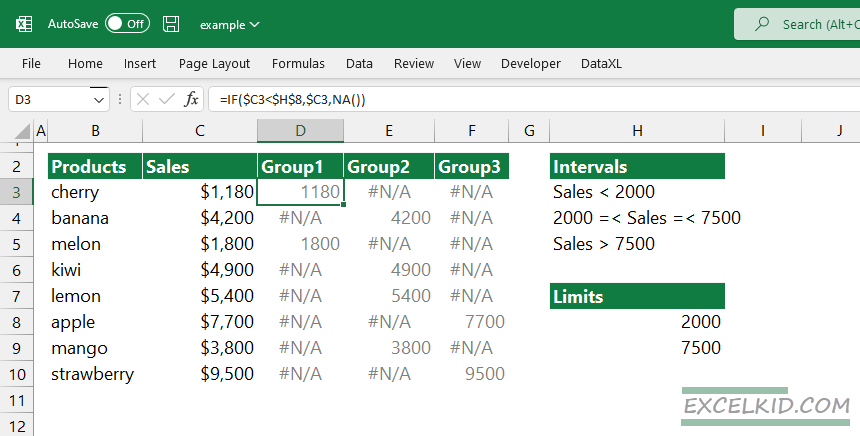 Define intervals and create groups using the IF function