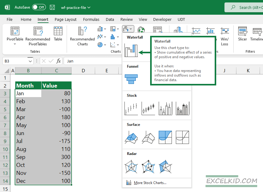 insert a waterfall chart excel