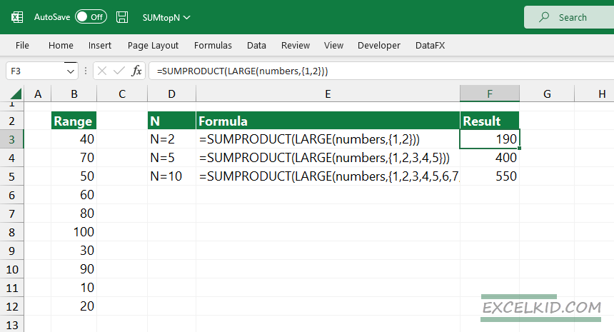 sumproduct large top n values to sum