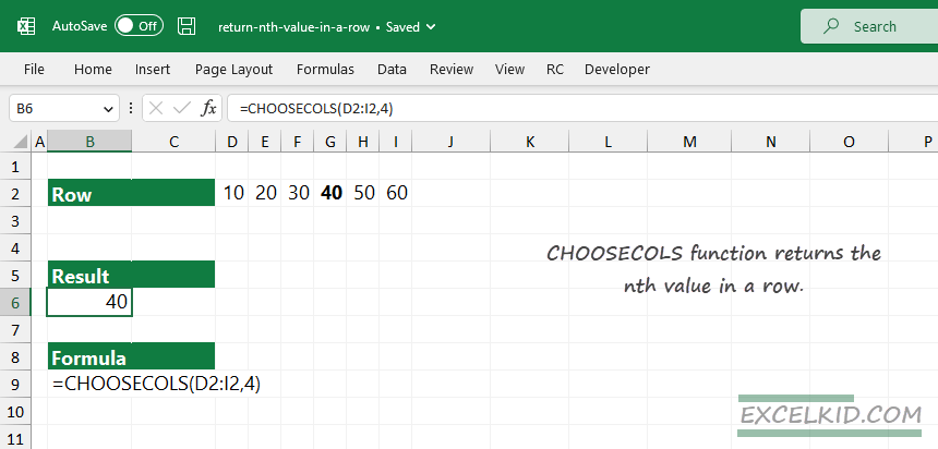 Return the Nth Value in a Row excel