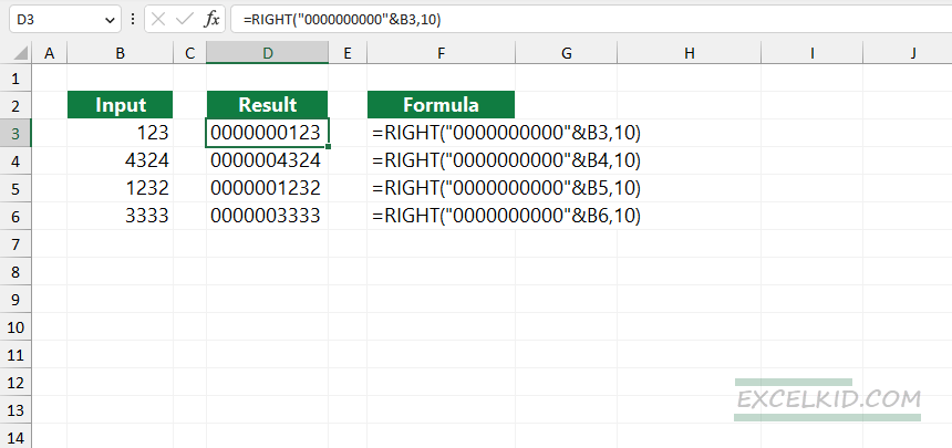 Use the RIGHT function to add leading zeros