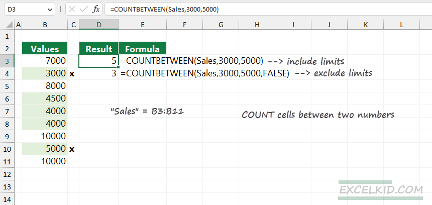 count cells between two numbers Excel