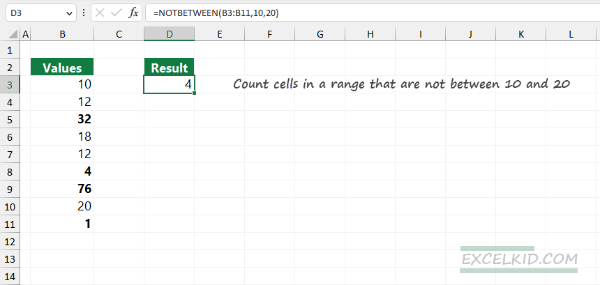 count cells not between two numbers in Excel