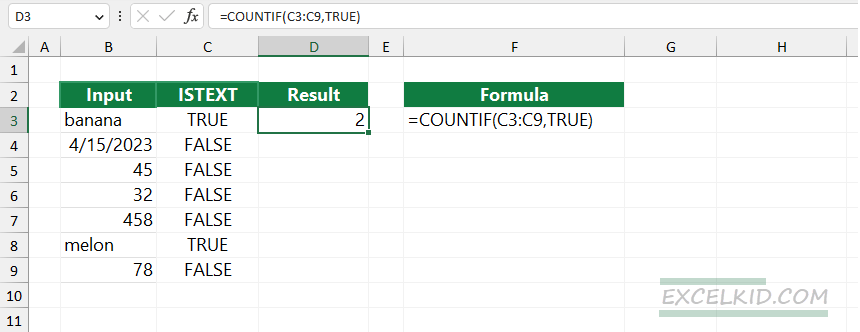 count cells that contain text using COUNTIF ISTEXT