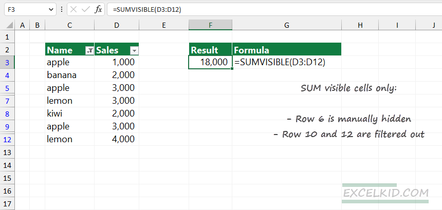 sum visible rows in a filtered list