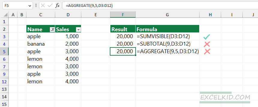 three functions to sum visible rows in Excel