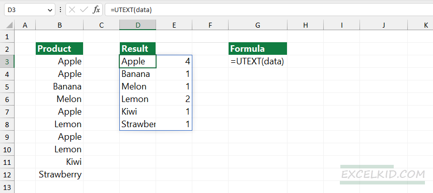Count unique text values with the UTEXT function