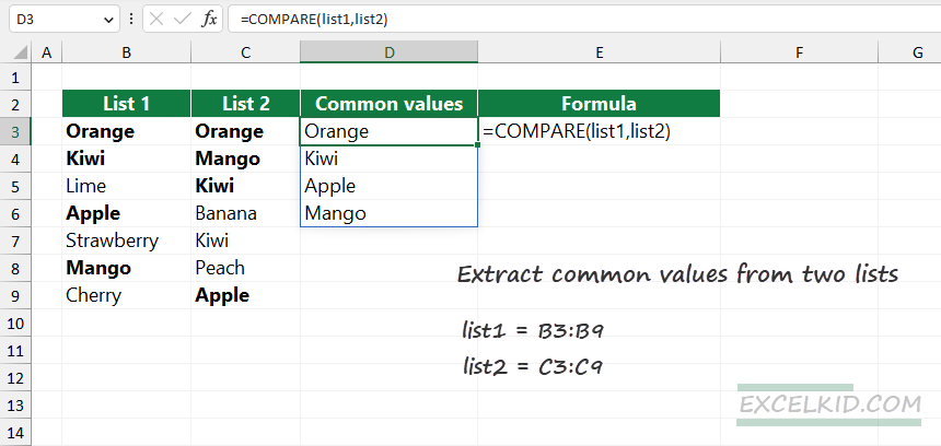 Extract common values from two lists Excel