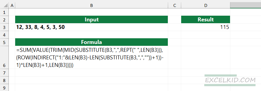 Sum numbers using regular Excel functions