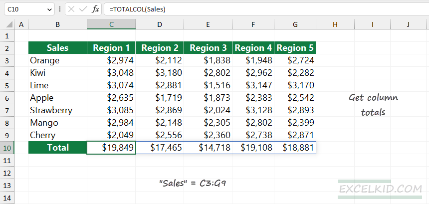 get column totals in Excel