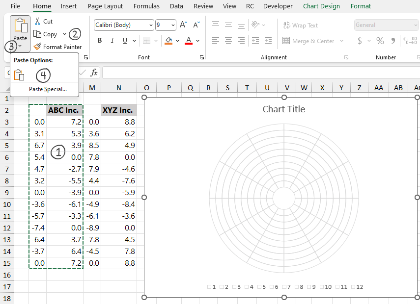Add data to the Excel Polar Plot